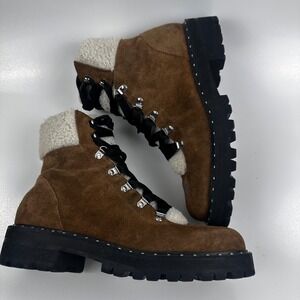 Steve Madden Receptive Hiking Boots Womens 10 BrownSuede Faux Fur Lug Sole Studs